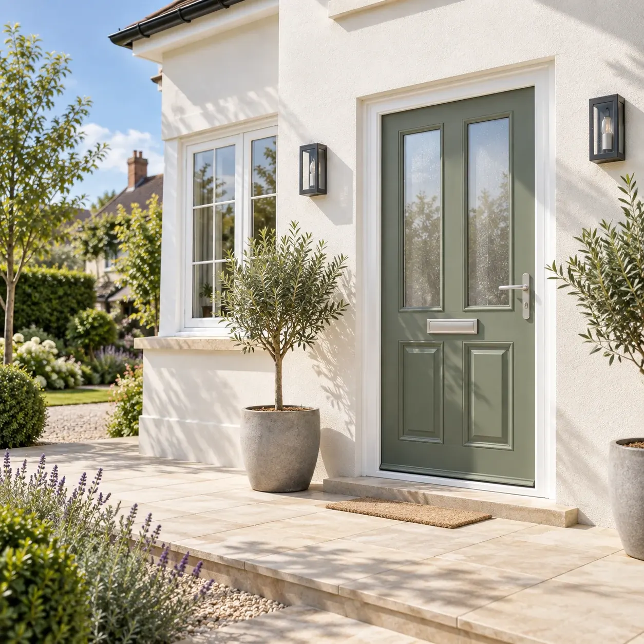 Sage green composite front door with glazed side panels