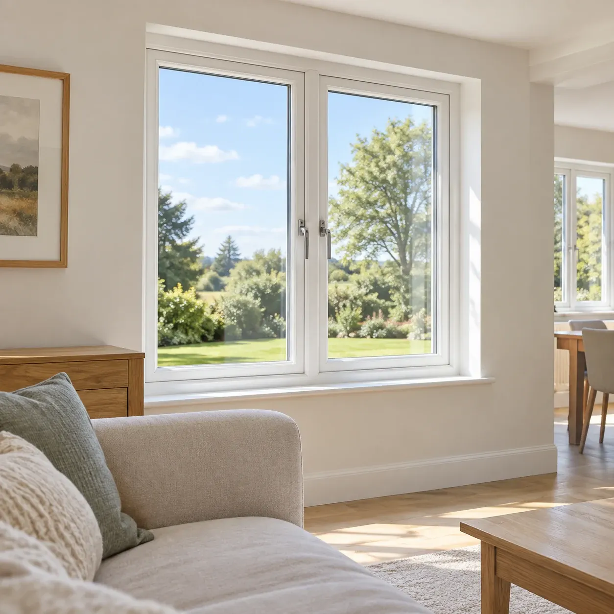 White casement window in a bright living room