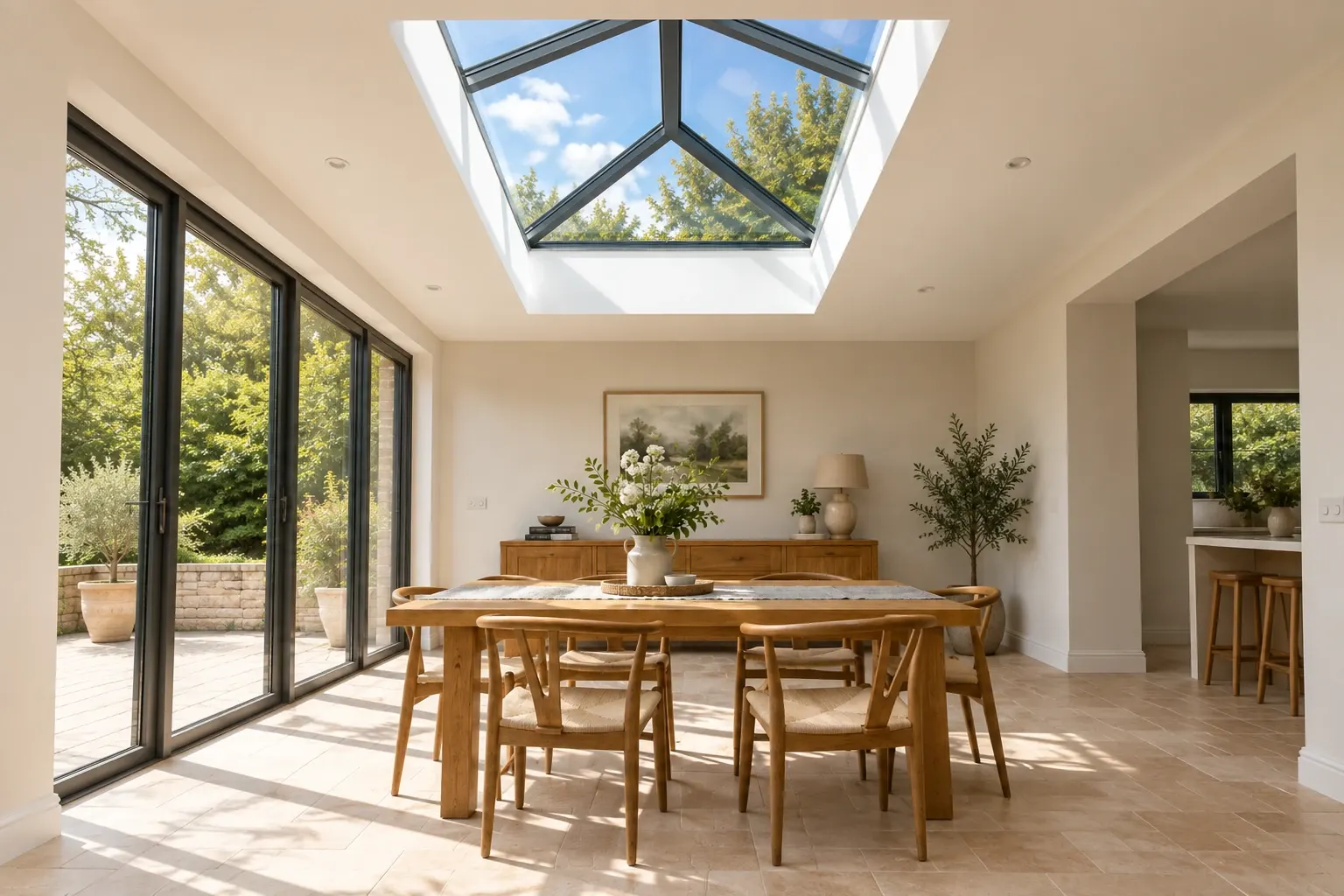 Orangery with a roof lantern over a dining table