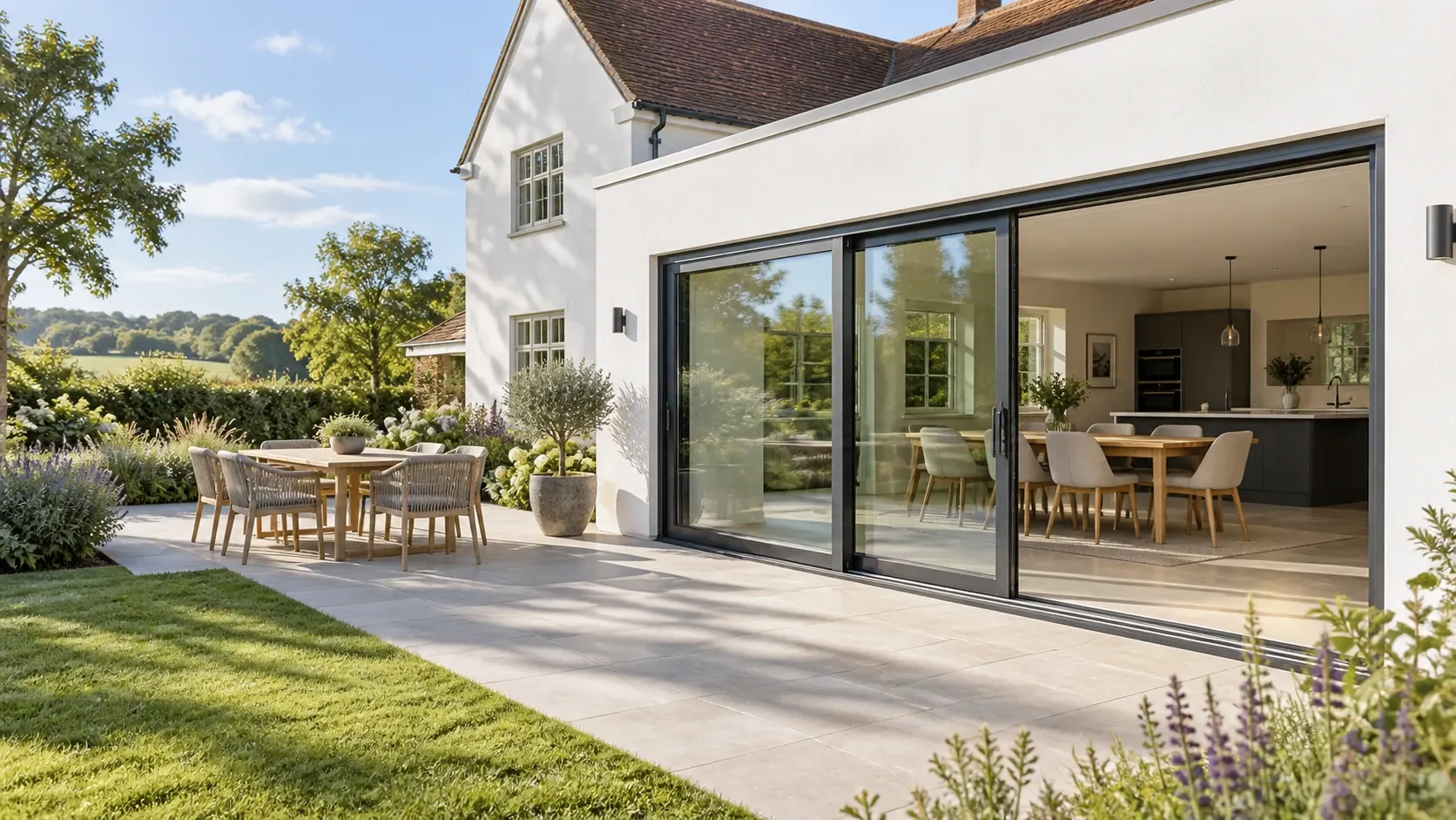 Sliding patio doors opening onto a garden terrace