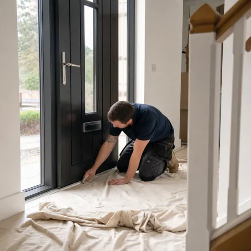Installer protecting the floor beside a composite front door
