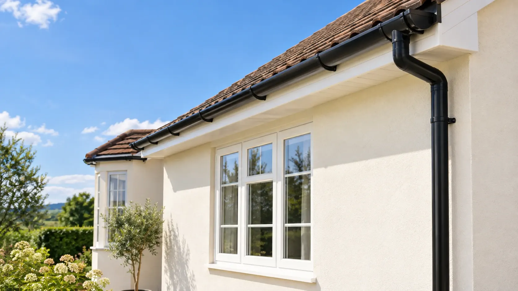 New black guttering and white fascias on a house